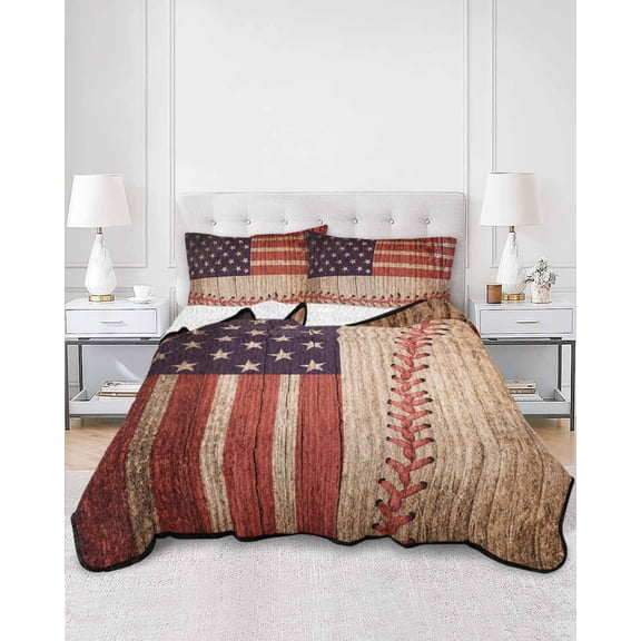 Quilts Queen Size, American Flag Vintage Soft Comforter Bedding Set for Bed, Farmhouse Baseball Blue Red Lightweight Quilted Bedspread with Pillow Cover(2 Pieces) for All Season, 90x96 Inch