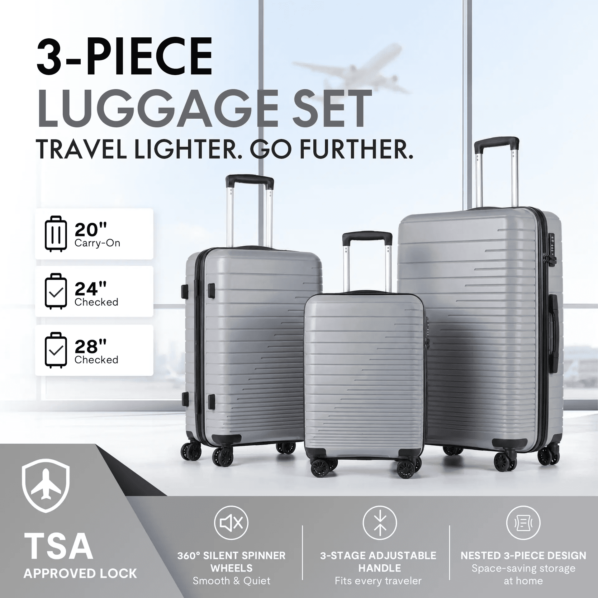 3-Piece PP Hardshell Luggage Set, Lightweight Scratch-Resistant Suitcases with TSA Lock, 4 Silent Spinner Wheels, 20"/24"/28", Dark Grey