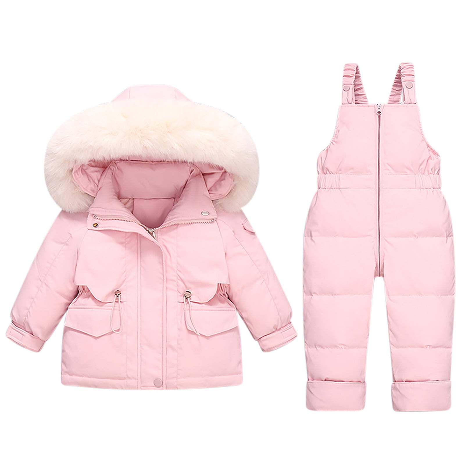 Jinhomg Unisex Baby Winter Snowsuit 2 Piece Toddler Warm Suits 2025 Trendy Windproof Faux Fur Trim Hooded Puffer Coat with Snow Bib Pants Sets Limited Time 90 off Clearance Sale Pink 2 Years