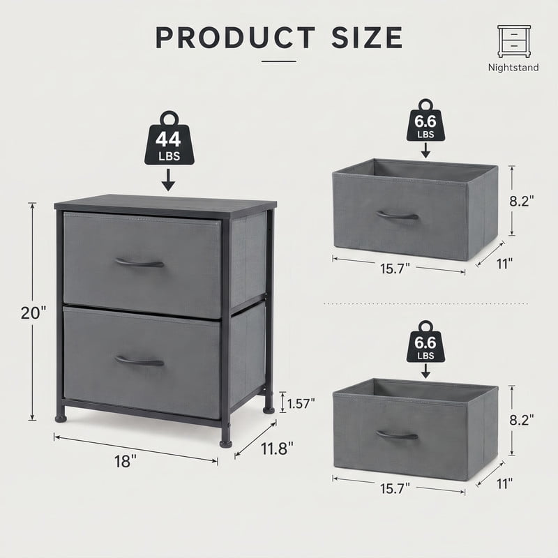 BEAUTYPEAK Nightstand 2-Drawer Fabric Dresser Bedside Table with Wooden Top Adjustable Feet, Gray