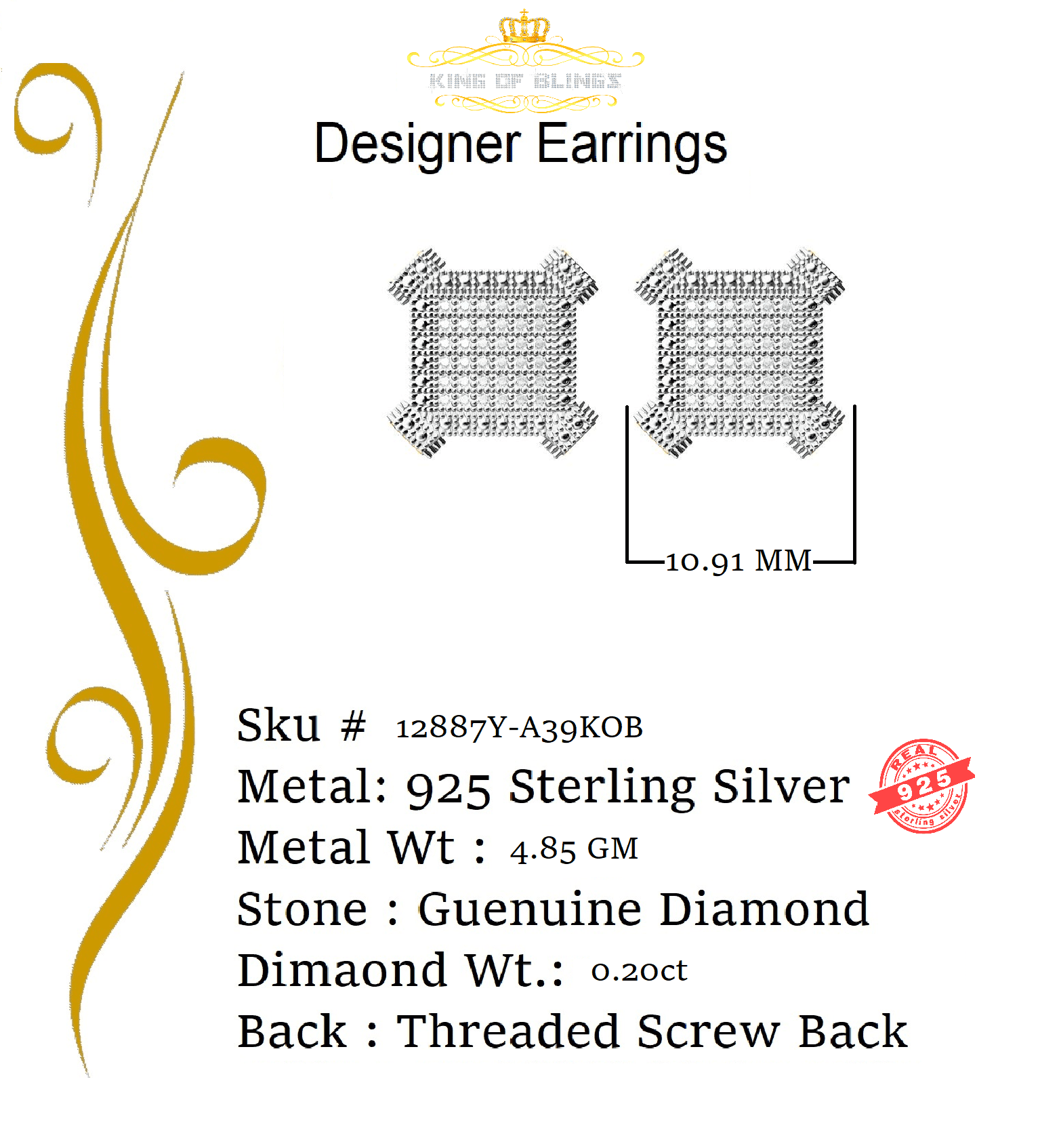 King of Bling's Aretes Para Hombre Silver 0.20ct Diamond For Women's/ Men's Yellow Stud Earrings