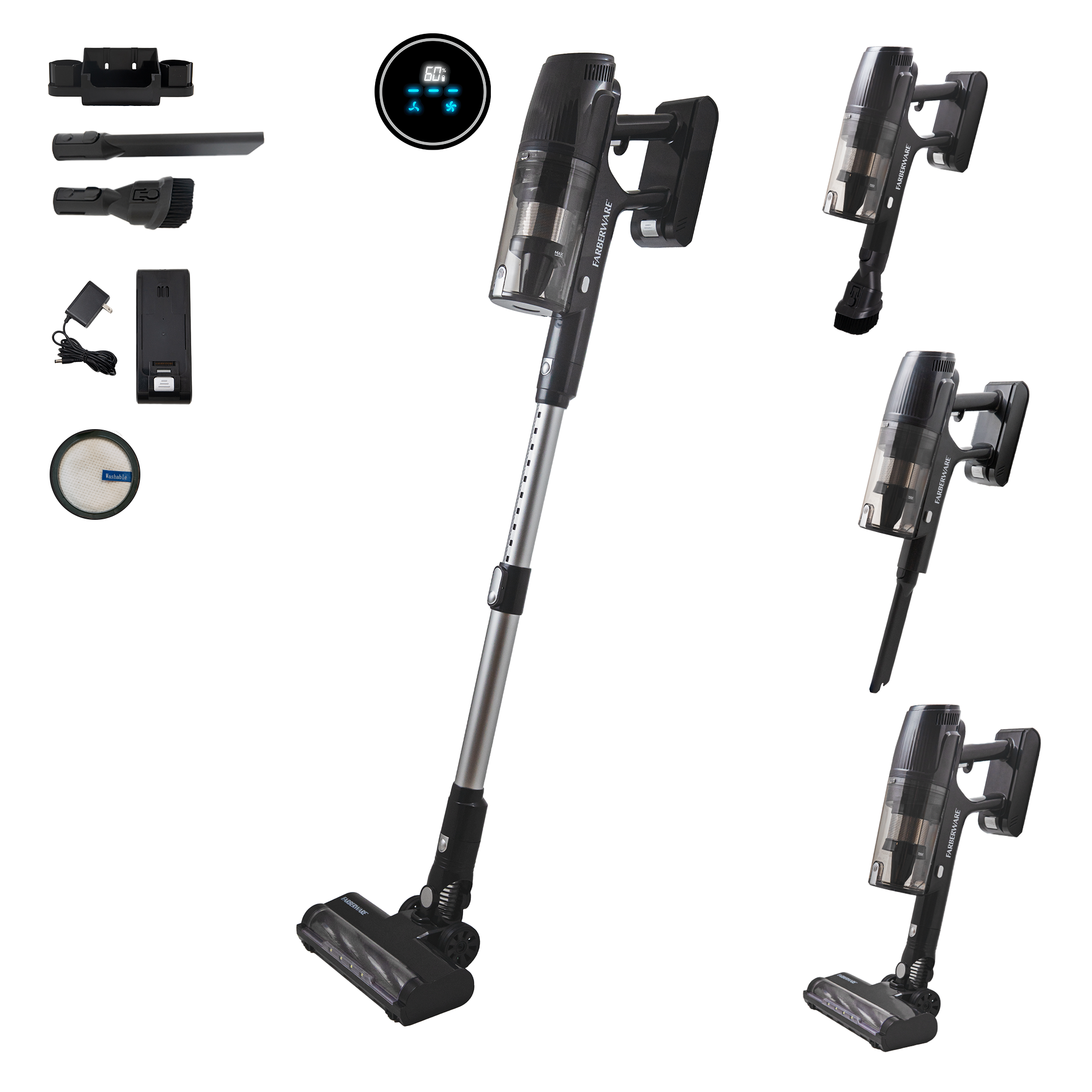 Farberware Cordless Elite Stick Vacuum Cleaner, Powerful Suction with 3 Speeds for Carpet and Hard Floors, Converts to Handheld Vacuum, LED Screen