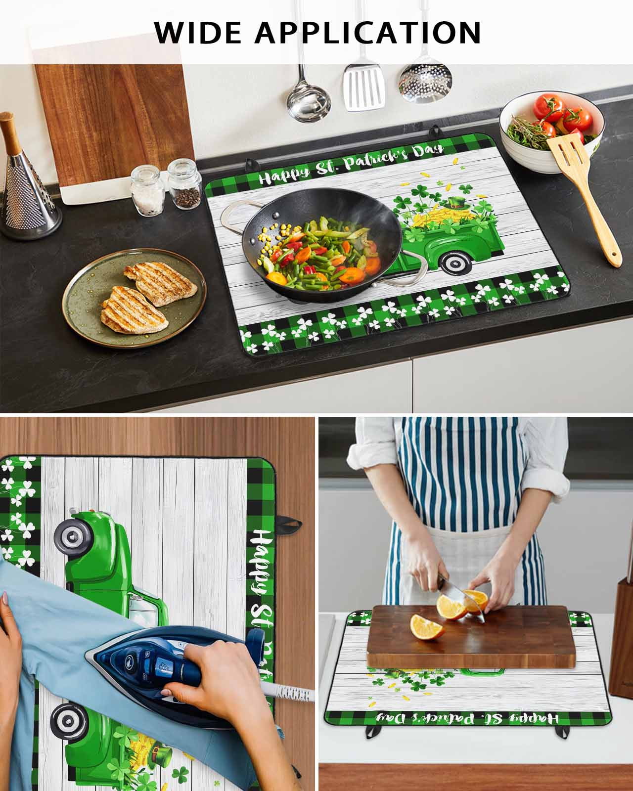 Large Induction Cooktop Protector Mat St. Patrick's Day Stove Top Covers for Electric Stove, Spring Lucky Grass Truck Gray Wood Plaid Decorative Stove Burner Cover Mats, Glass Top Stove Cover