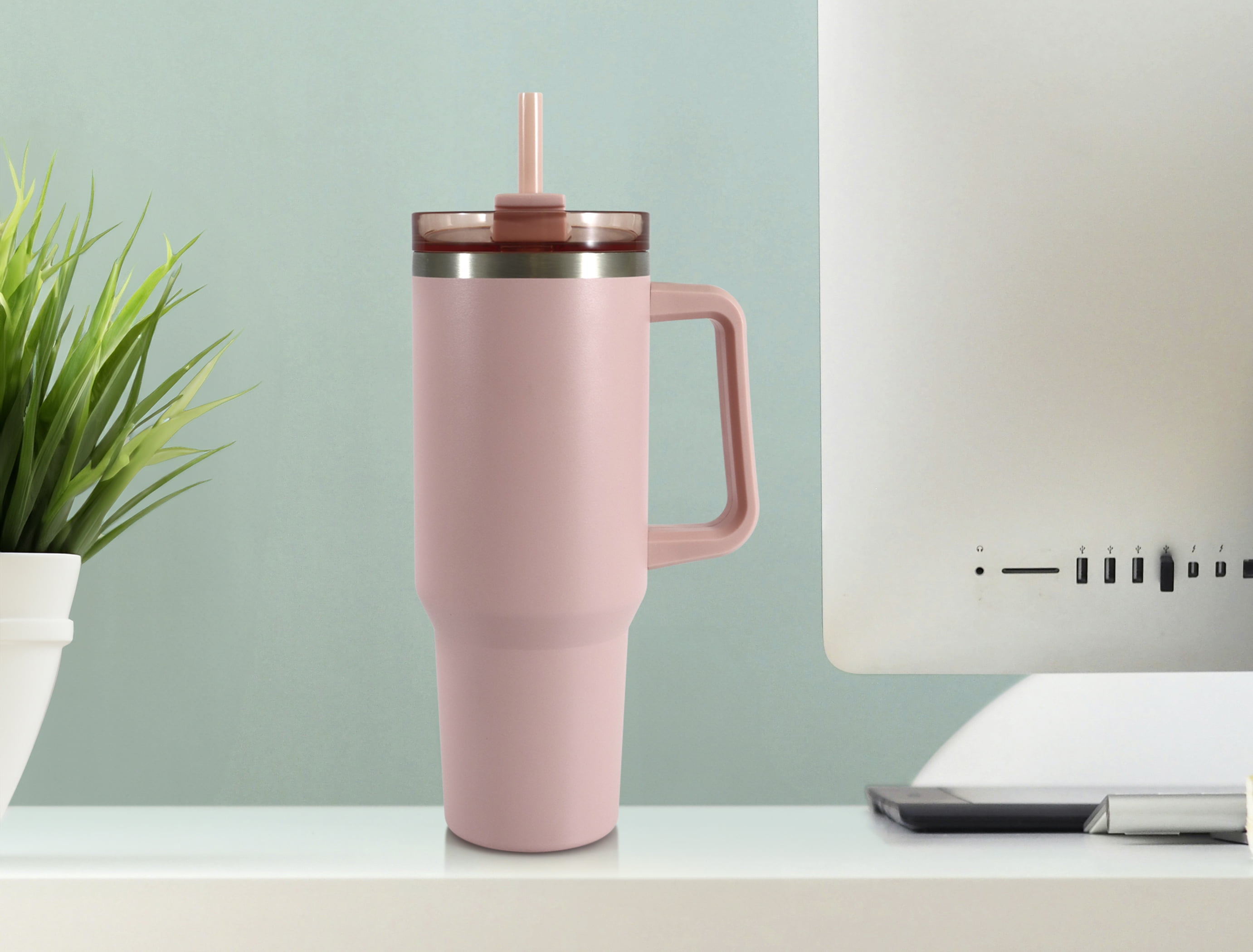 Mainstays 40 oz Stainless Steel Tumbler with Straw, Handle and Double-Wall Insulation, Pink