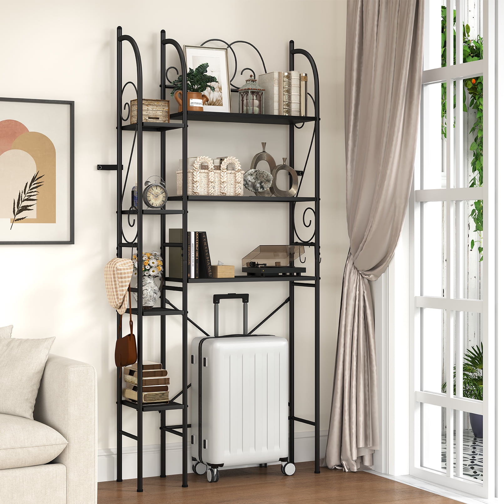 7-Tier Over the Toilet Storage Rack, Heavy-Duty Metal Bathroom Organizer with Adjustable Shelf, Dual Toilet Paper Holders, Side Hooks, Space Saver for Small Bathroom Storage, Black