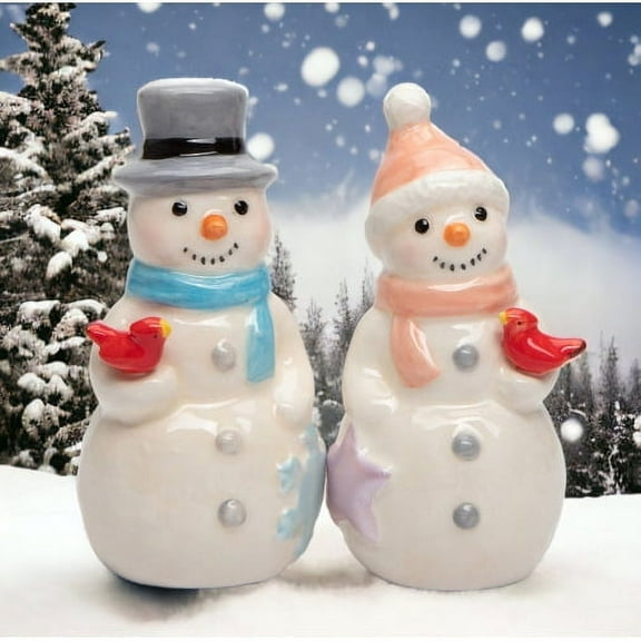 Ceramic Snowman Couple Salt and Pepper Shakers with Cardinal Birds