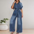 thumbnail image 2 of sususu Womens Jumpsuit V Neck Denim Fabric Belted High Waist Playsuit Casual One Piece Outfits Wide Leg Romper with Pockets ,Navy,S, 2 of 5