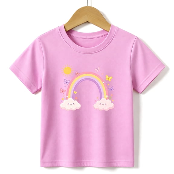 Girls Graphic Tees Rainbow Cloud Kids T Shirt Cute Pastel Sun 100% Cotton Short Sleeve Soft Tops 4-13Y Pink