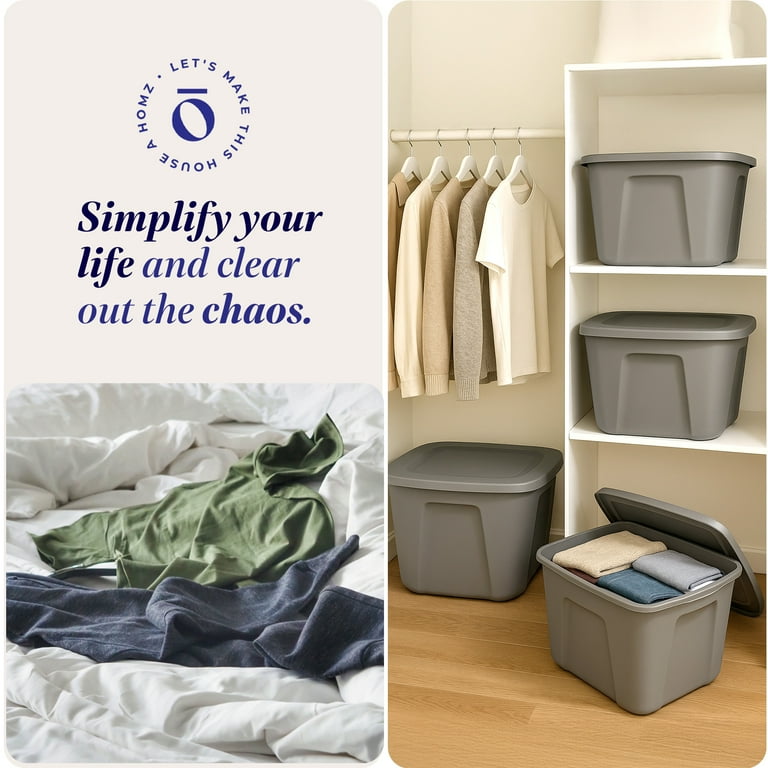 Homz Large 18 Gallon Totes with Handles, Stackable Plastic Bins