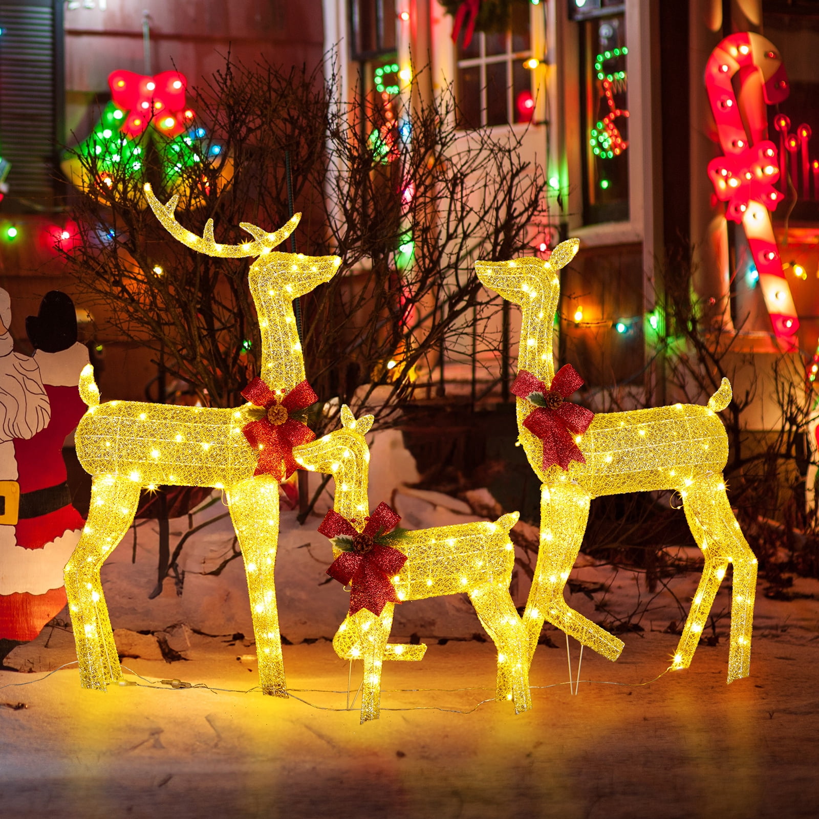Astoutdoor 3-Piece Lighted Christmas Reindeer Family Set, 200 Warm White LED, 4 ft, White