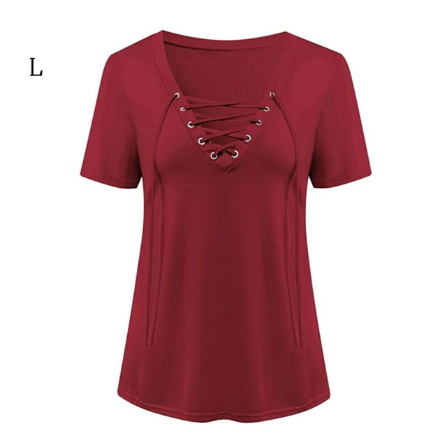 T-Shirt pour Femmes à Col en V, Manches Courtes, Haut Uni, T-Shirt à Manches Courtes, Blouse Décontractée, Rouge Vin, G