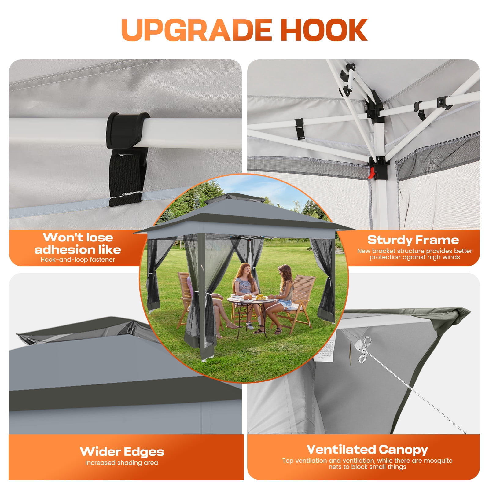 HOTEEL 12' x 12' Outdoor Pop-Up Gazebo Canopy with Mosquito Netting, 2-Tiered Vented Top, 3 Adjustable Heights for Backyard, Garden, Lawn, Gray
