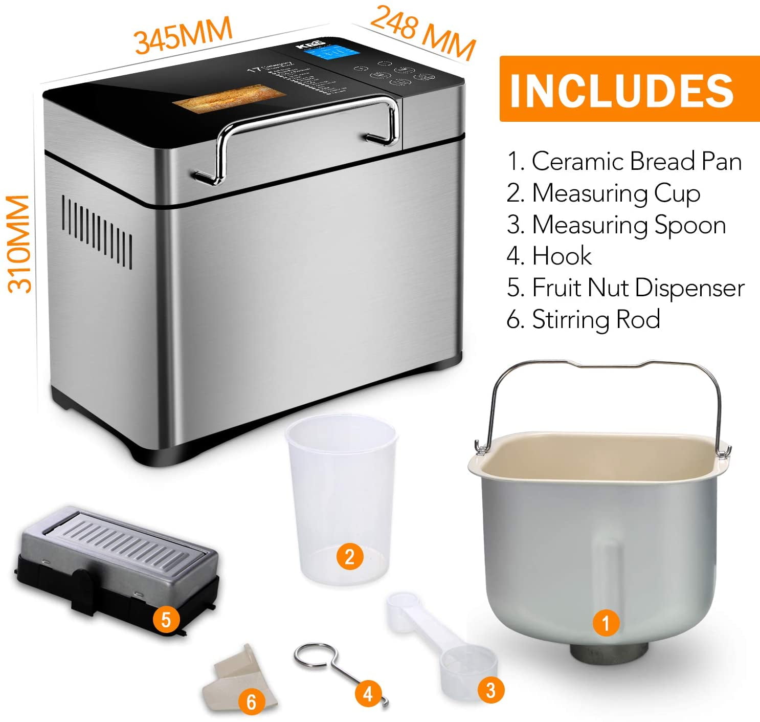  KBS 17-in-1 Bread Maker-Dual Heaters, 710W Machine Stainless  Steel with Gluten-Free, Dough Maker,Jam,Yogurt PROG, Auto Nut  Dispenser,Ceramic Pan& Touch Panel, 3 Loaf Sizes 3 Crust Colors,Recipes:  Home & Kitchen