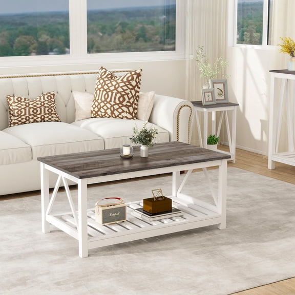 Farmhouse-Style 2-Tier Coffee Table With Slatted Shelf, Oak Grey Finish
