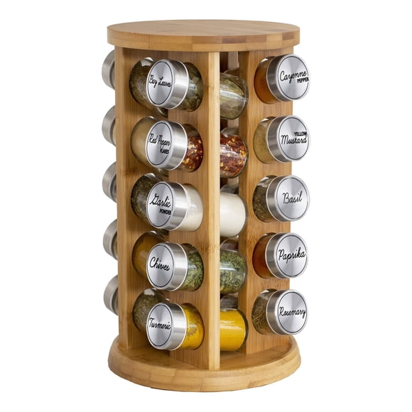 Orii 20 Jar Bamboo Spice Rack with Spices Included - Rotating Tower Organizer for Kitchen Spices and Seasonings, (Bamboo Wood)