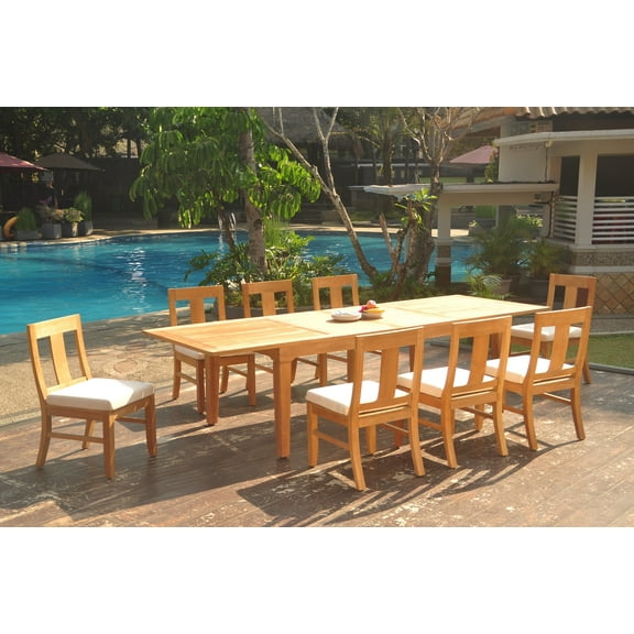 Grade-A Teak Dining Set: 8 Seater 9 Pc: 122" Caranas Double Extension Rectangle Table And 8 Osborne Armless Chairs Outdoor WholesaleTeak #WMDSWVm