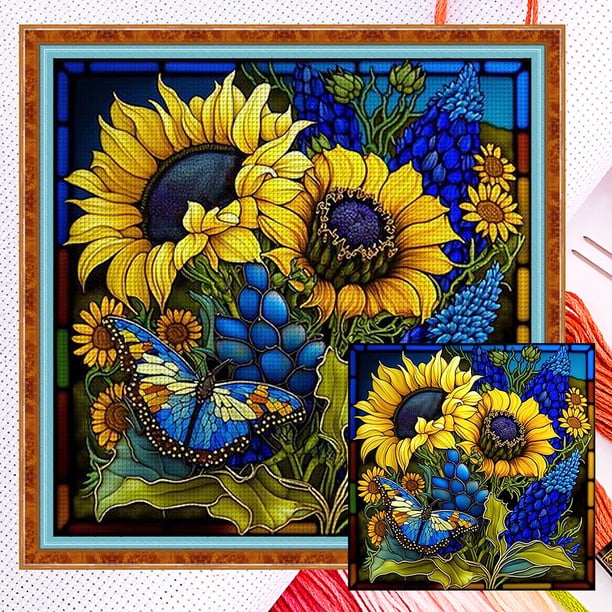 Hilo de algodón bordado completo Wdftyju punto de cruz girasol con vidriera 14CT