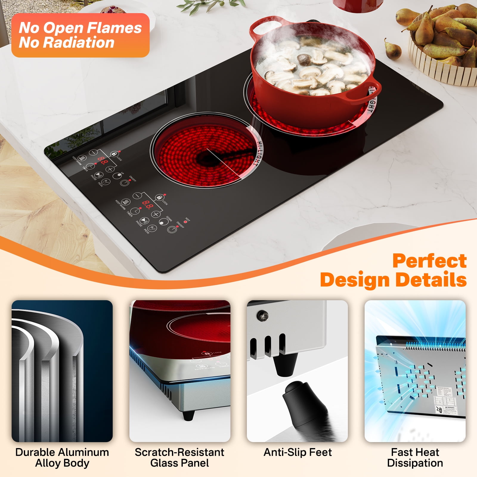 Nardea 12" 2 Burner Electric Cooktop, Built-in Infrared Ceramic Hot Plate with Dual Controls, 120V Plug-in Countertop Cooker, Compact Cooktop Electric for Kitchen & RV