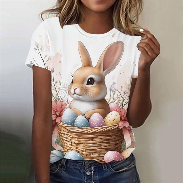 Warop T-shirt Décontracté pour Femme avec Imprimé de Pâques, Col Rond à Manches Courtes pour Usage Quotidien
