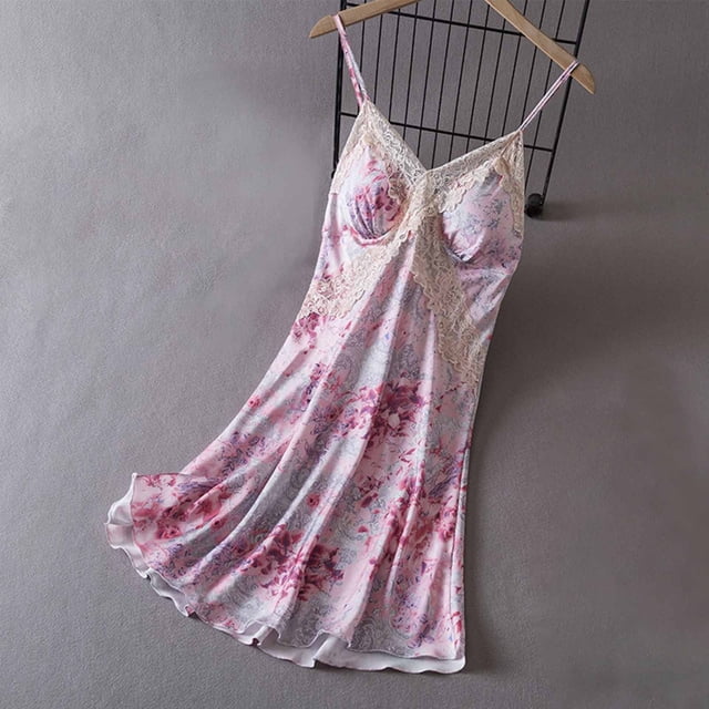 Camisón corto de mujer con cuello en V, estampado, encaje, seda fina, tirantes ajustables, poliéster, pantalones y blusa