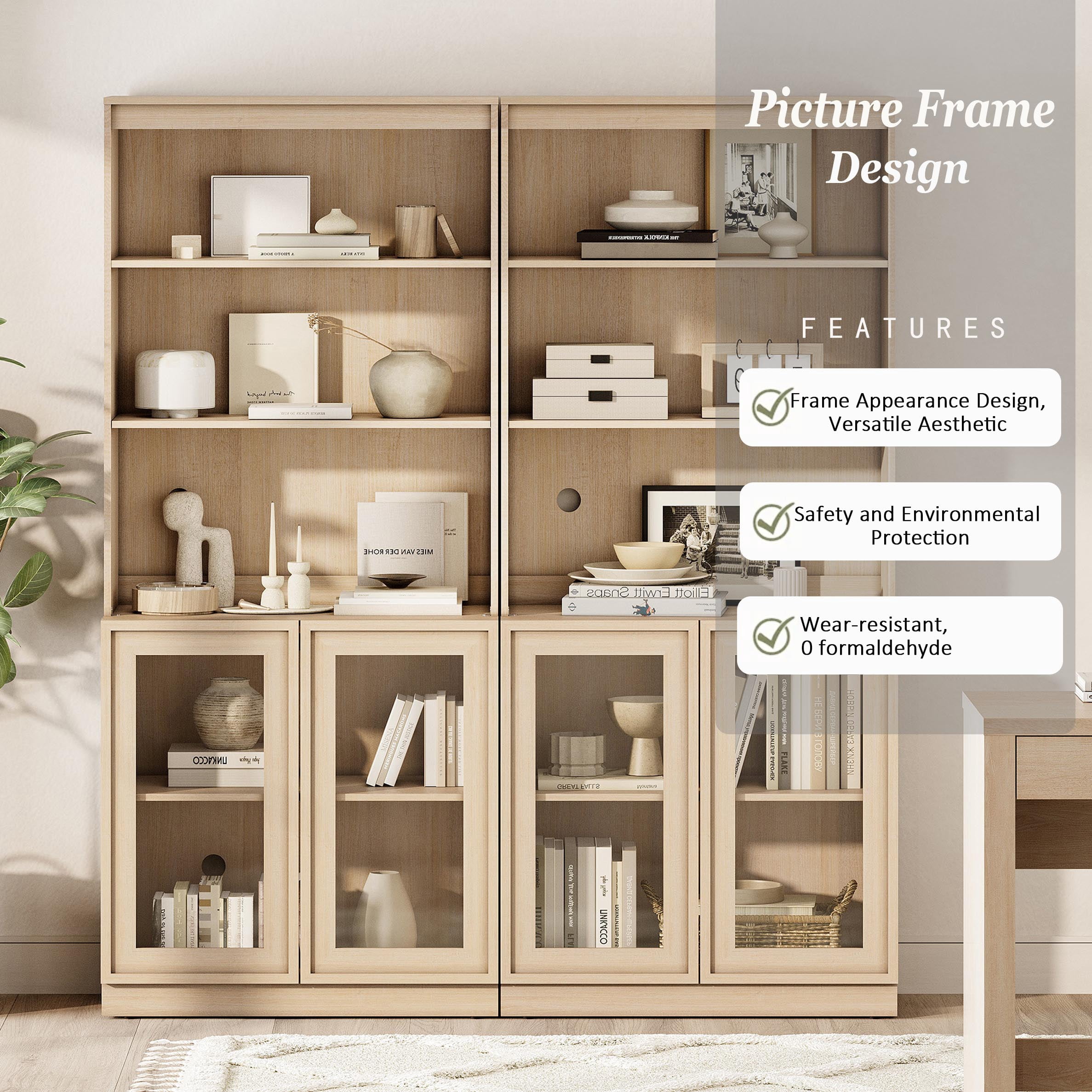 Modern 72" Tall Bookshelf with Glass Doors and Adjustable Shelves, Library Bookcase with Storage Cabinet and Open Shelves,Beige