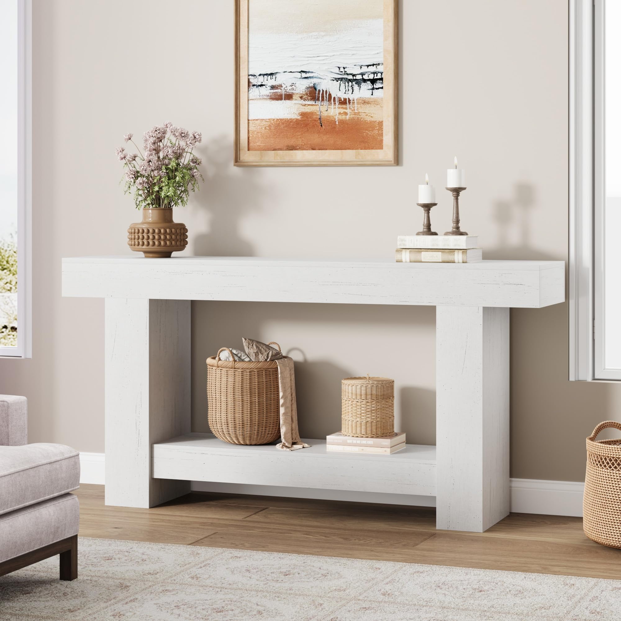 63 Inch Console Table, 2-Tier Farmhouse Sofa Table with Storage, Large Entryway Table for Living Room, Hallway, or Foyer