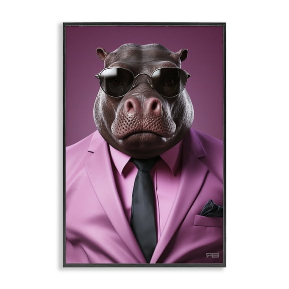 Stupell Industries Strong Hippo Purple Suit Animals & Insects Painting Black Framed Art Print Wall Art, 12 x 18