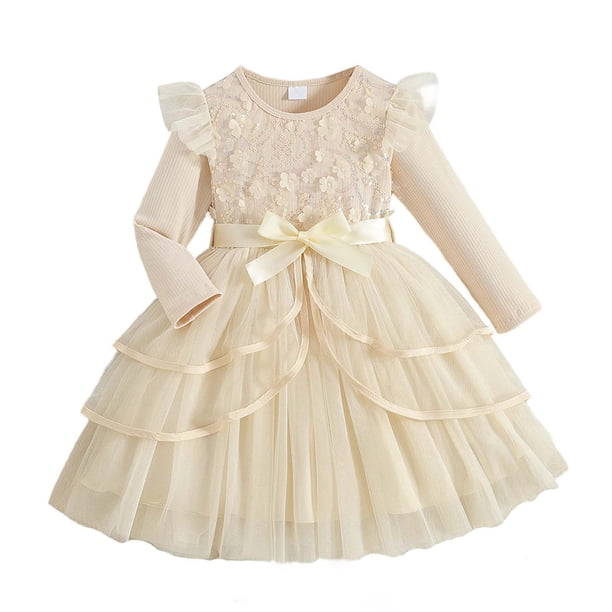 Arcos para Niñas Vestido de Malla de Manga Voladora con Cinturón Color Sólido Nudo de Arco Vestir Fiesta Casual Niños Vestido de Primavera