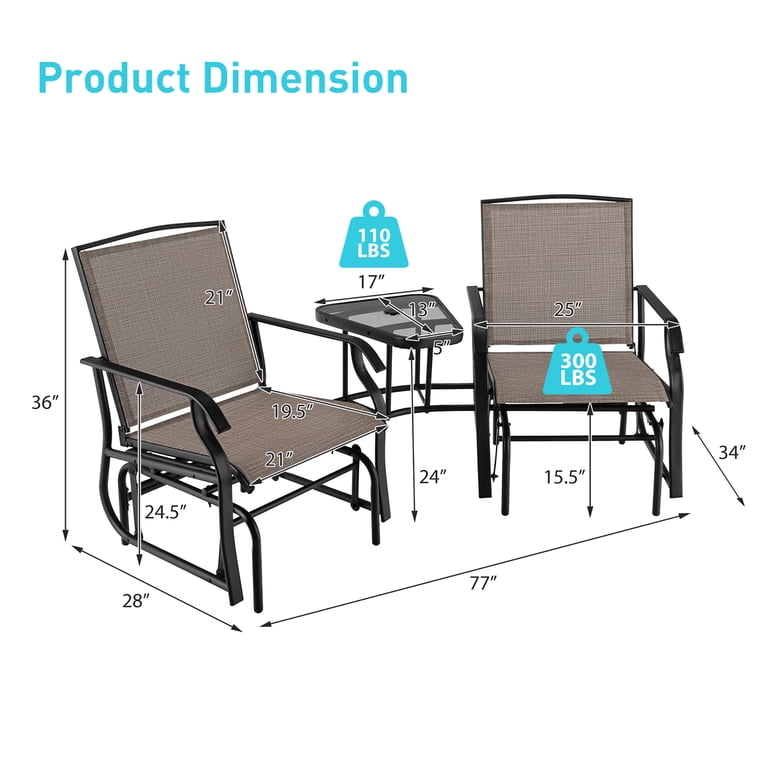 Costway Outdoor Double Swing Glider Chair with Table - Brown