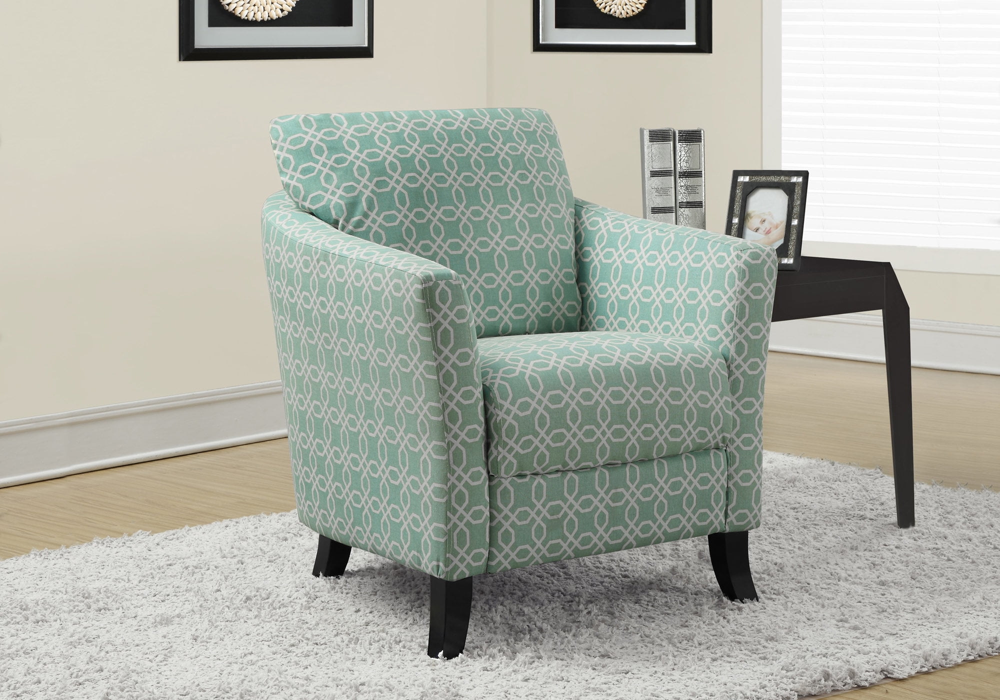 ACCENT CHAIR FADED GREEN " ANGLED KALEIDOSCOPE " FABRIC
