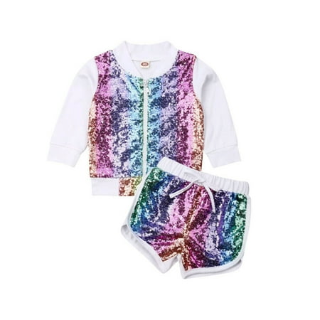 Goocheer 1-7T Little Girls Kids Fall Jacket Sweatshirt Outfits Sequins Zipper Pullover Tops Glitter Shorts Girls Clothes Set