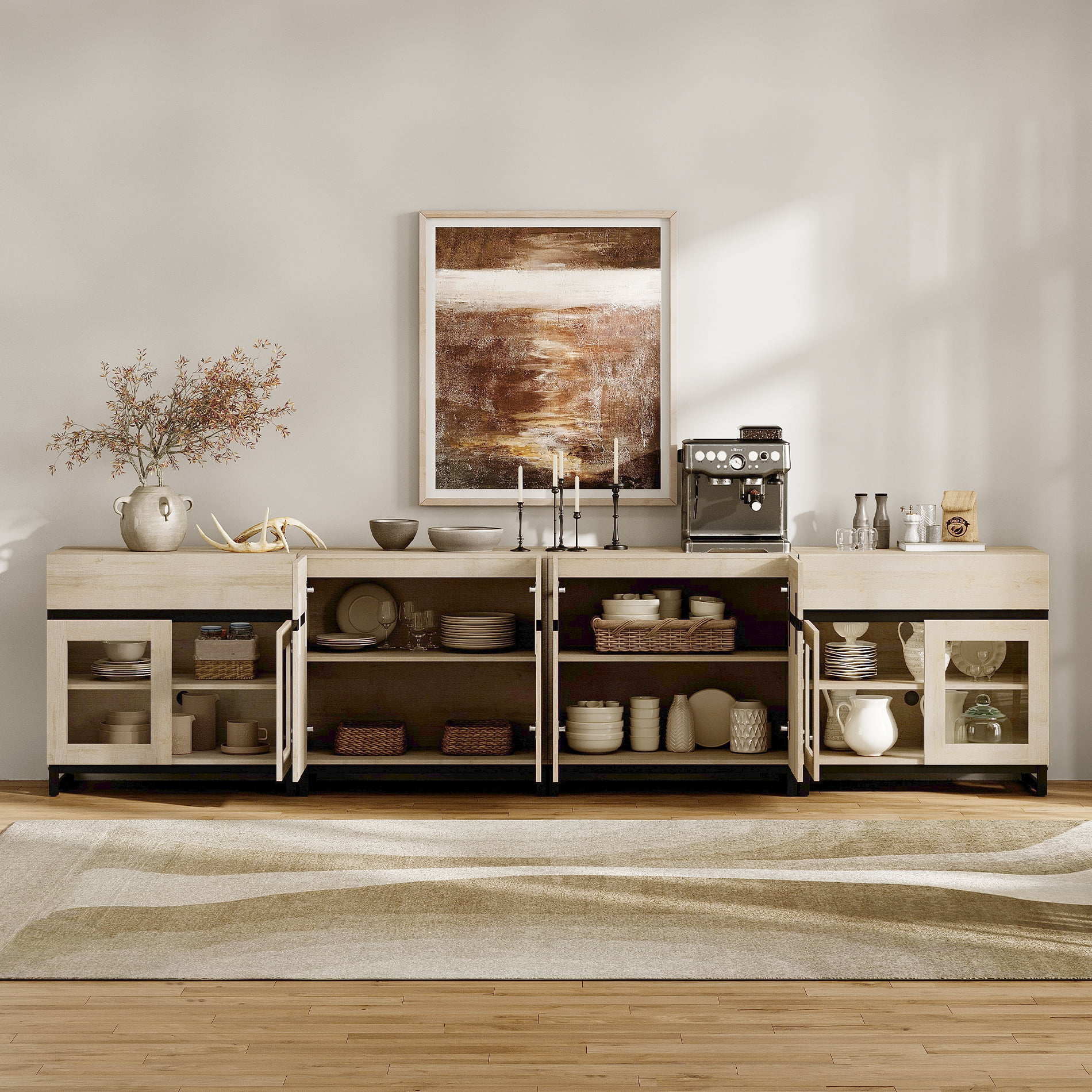 4 In 1 Sideboard Buffet Cabinets With Glass Doors And 2 Drawers, Modern Sideboard Credenza With Adjustable Shelf And Metal Base, Coffee Bar Cabinet Storage Cabinet,Beige