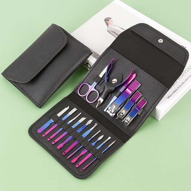 Cortauñas 16 piezas/juego. Set de cortauñas, herramienta de maquillaje y belleza. Incluye estuche plegable y kit de cortauñas de acero inoxidable.