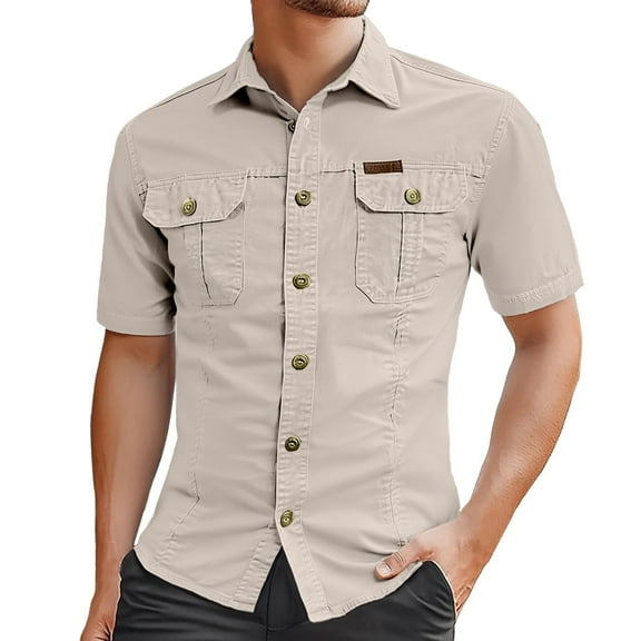 Button Up Shirt for Men Short Sleeve Turndown Collar Work Shirt Solid Color Classic Fit Shirt Men Casual