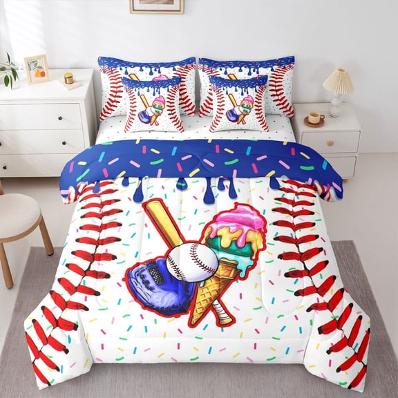 Erosebridal Teens Sport Baseball Twin Bedding Sets 7-Piece,Ice Cream Drip Dessert Bedding Comforter Set For Boys Girls,Blue Pink,Ultra Soft Home Decor