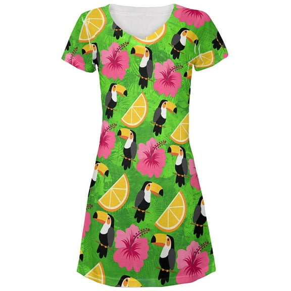 Tropical Vacation Toucan Pattern All Over Juniors Beach Cover-Up Dress Multi MD