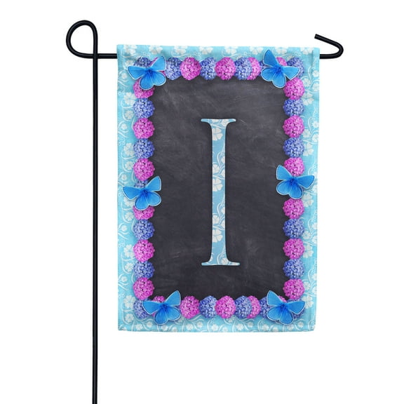 America Forever Spring Monogram Garden Flag Letter I 12.5 x 18 inches Double Sided Vertical Outdoor, Yard, Lawn, Decorative Seasonal, Hydrangeas, Blue Butterflies Bees Summer Floral Garden Flag