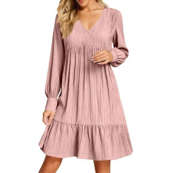 Women's Casual V Neck Long Sleeve Dress Elegant Solid Color Flowy Spring Summer Daily Outfit Comfortable Loose Fit Outdoor Wear