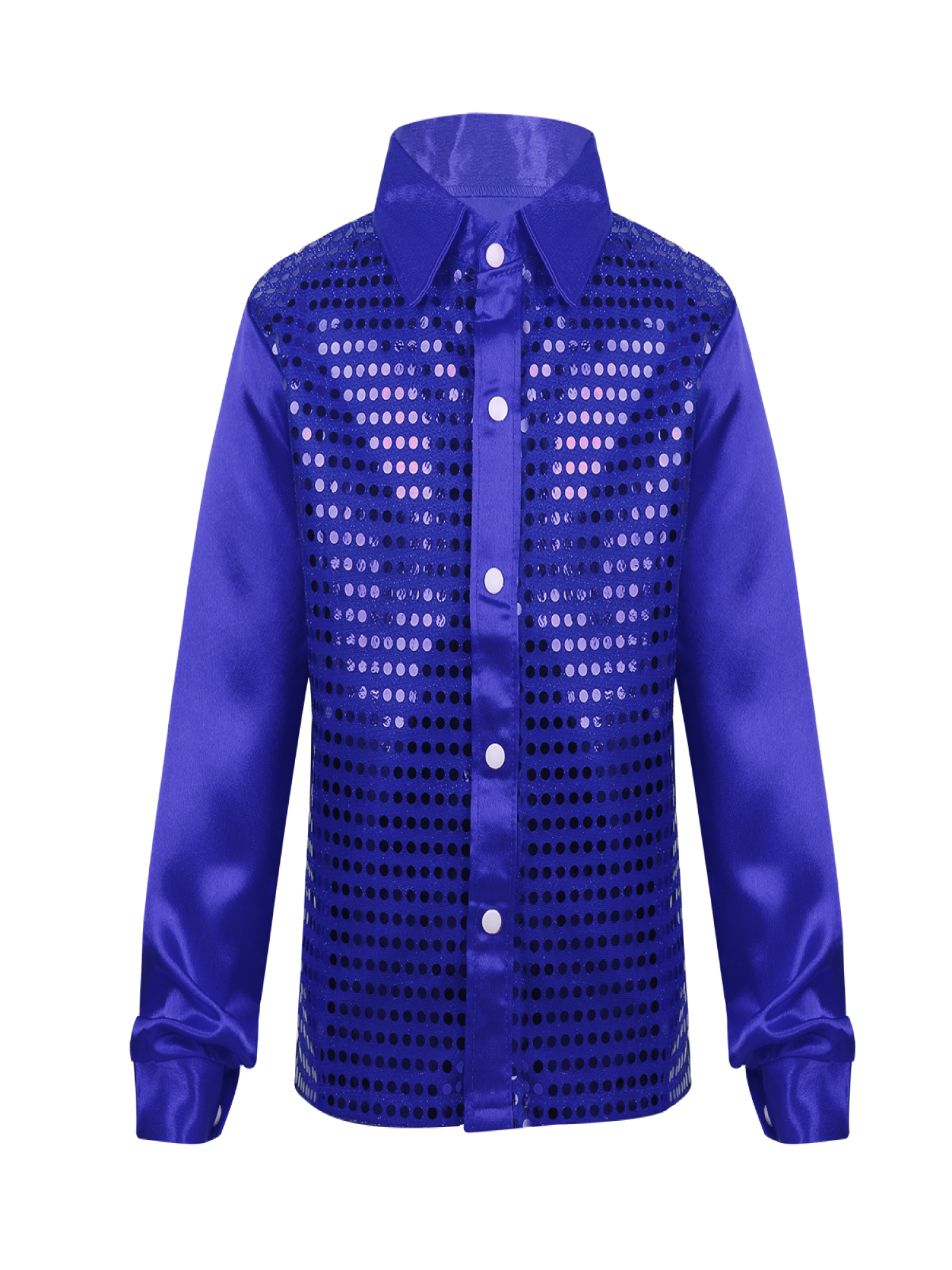 YEAHDOR Kids Boys Sparkly Sequins Lapel Collar Shirt Long Sleeve Tops for Jazz Latin Dance Performance Blue 4-5 - image 1 of 7