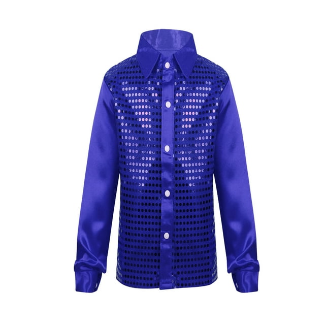 YEAHDOR Kids Boys Sparkly Sequins Lapel Collar Shirt Long Sleeve Tops for Jazz Latin Dance Performance Blue 4-5
