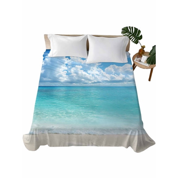 Queen Size Flat Sheet Only, Ocean Blue Soft Brushed Microfiber Bed Sheets, Beach Nature Coast Sea Shore Sky Seawater Hotel Quality Breathable Bedding Top Sheet, Easy Care, 90"x102"
