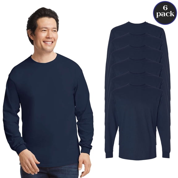 Gildan Ultra Cotton Long Sleeve T-Shirt for Men, Rib Cuffs Durable Tee, Navy Pack of 6, Size S