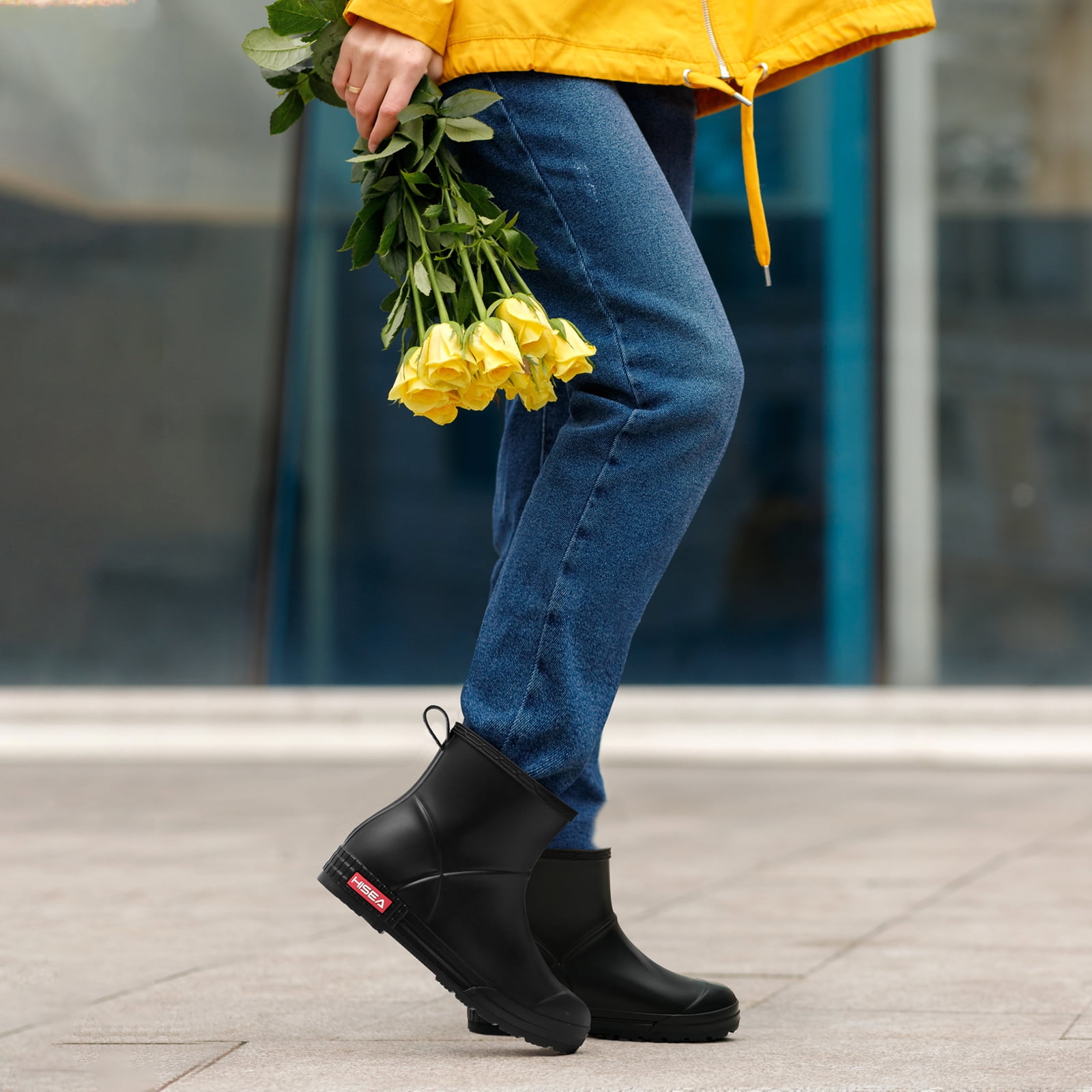 HISEA Waterproof Rain Boots for Women，Chelsea Anti-Slip Garden Work Shoes，Black，Size 6.5