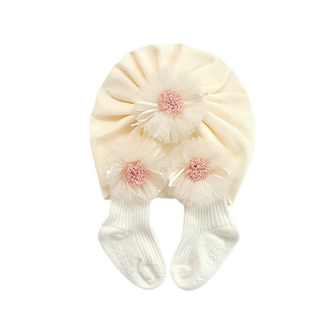 Faithtur Baby Socks Cap Set, Girls Lace Flower Ribbed Short Tube Sock+ Turban Hat for Autumn, Beige/Pink