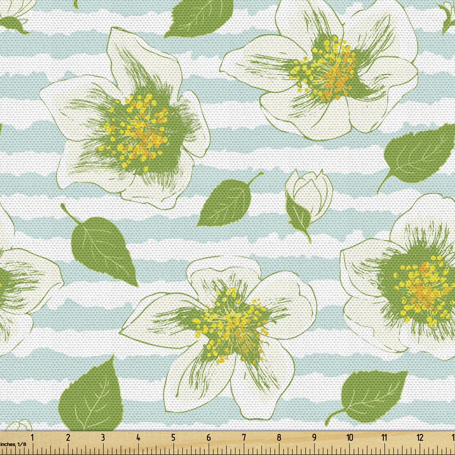 Woven Lime green and cream Large  Floral and Leaves Upholstery Fabric 