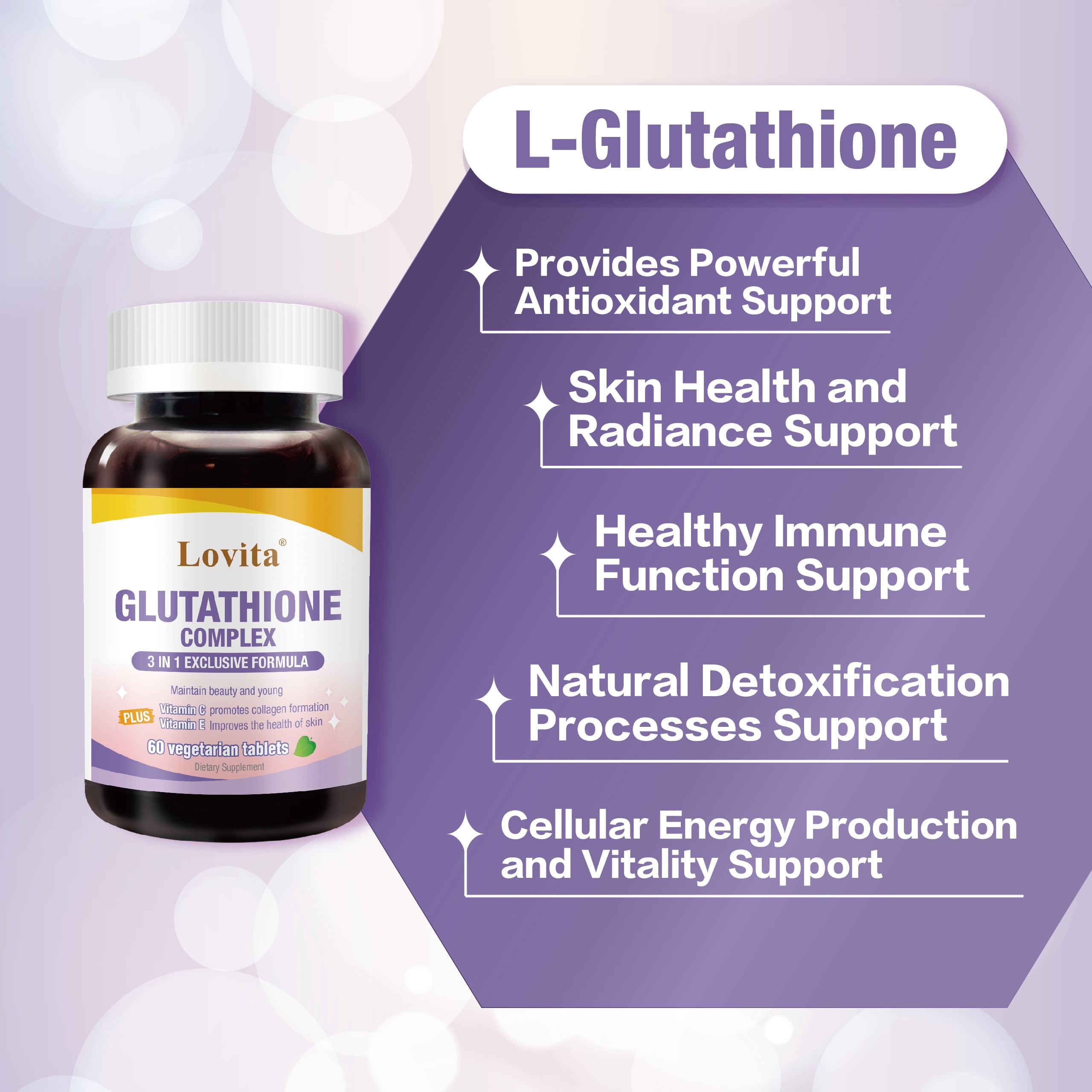 LOVITA Glutathione Complex 500mg for Radiant Skin & Immunity Support | 99.8% Purity with Vitamin C, Selenium & E, Vegan, Non-GMO, Gluten-Free 60 Vegetarian Tablets