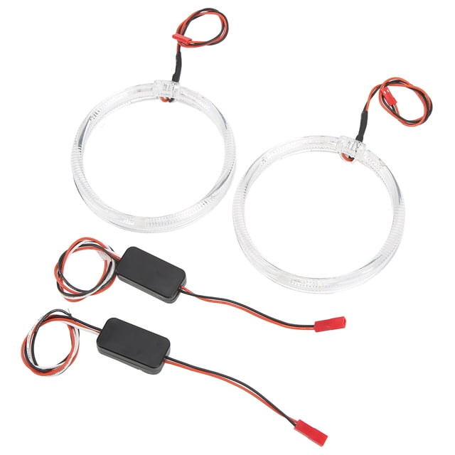 guía de luz led angel eyes para coche, iluminación morada de 95mm/3,7 pulgadas, 9-36v para faros delanteros, señales de giro drl — par de anillos Halo LED morados de 95 mm (3,7") con diámetro interior aprox. 80 mm y cable de 650 mm; incluye dos controladores de corriente constante en carcasas negras; anillos plásticos transparentes mostrados sobre fondo blanco; también usados frecuentemente para iluminación DRL o señalización decorativa en proyectos de taller.