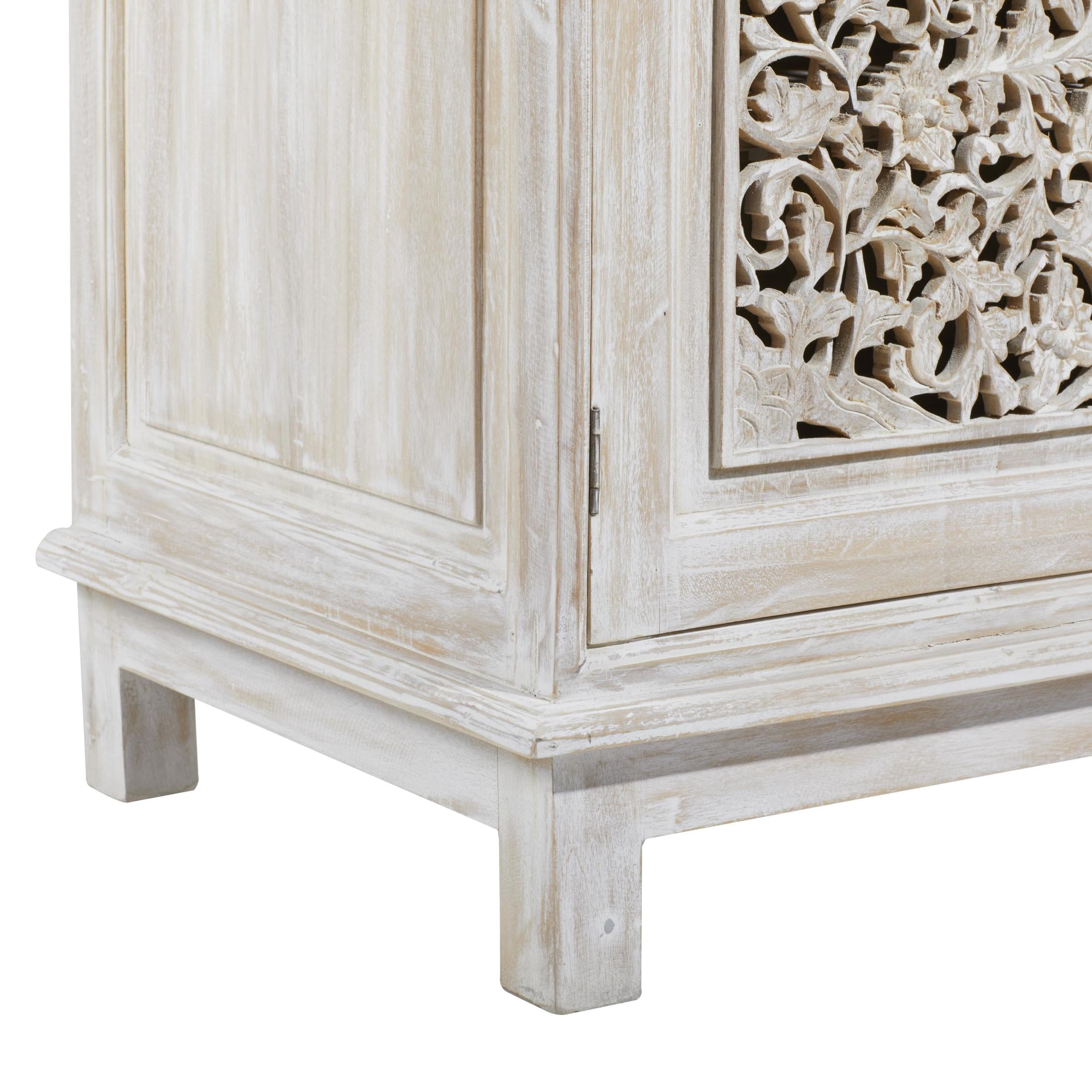 DecMode 39" x 32" White Wood Intricately Carved 2 Door and 2 Drawer Floral Cabinet, 1-Piece