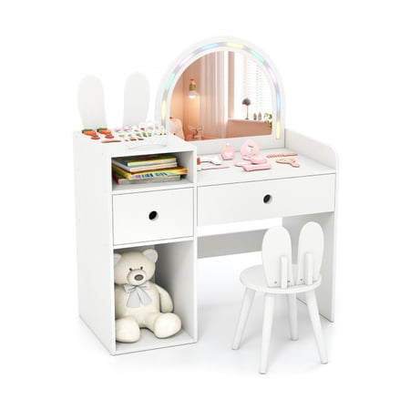 Furnibear Kids Vanity Table and Chair Set with Lights, Girls Vanity Table with Acrylic Mirror Open Shelves and Cushioned Stool for Bedroom, White