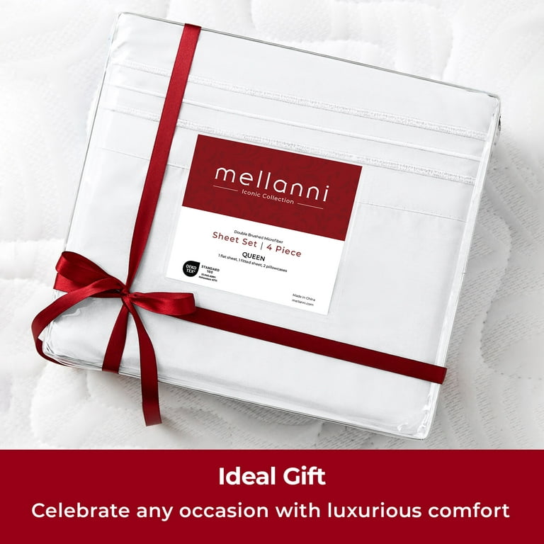 Mellanni Iconic Collection Bed Sheet Set, Hotel Luxury Brushed Microfiber  Bedding, Deep Pocket Sheet, 4 Piece, Queen, White 